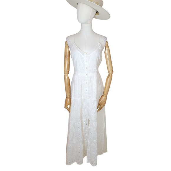 Patrons of Peace White Eyelet Cotton Maxi Dress Cottagecore Sundress Size L - Picture 2 of 9